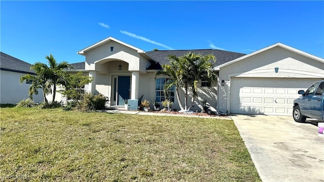 ranch-style home with a garage and a front lawn