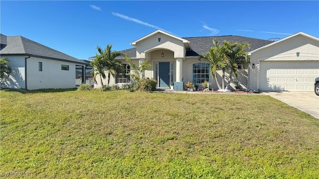 ranch-style home with a garage and a front lawn