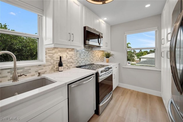 kitchen featuring sink, appliances with stainless steel finishes, white cabinetry, backsplash, and light hardwood / wood-style floors