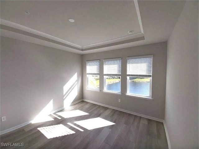 empty room with dark wood-type flooring and a raised ceiling