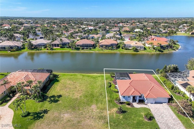 drone / aerial view featuring a water view