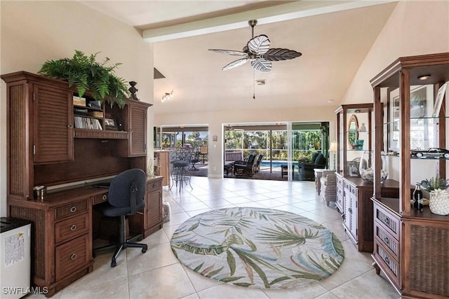 office area featuring beamed ceiling, ceiling fan, high vaulted ceiling, and light tile patterned floors