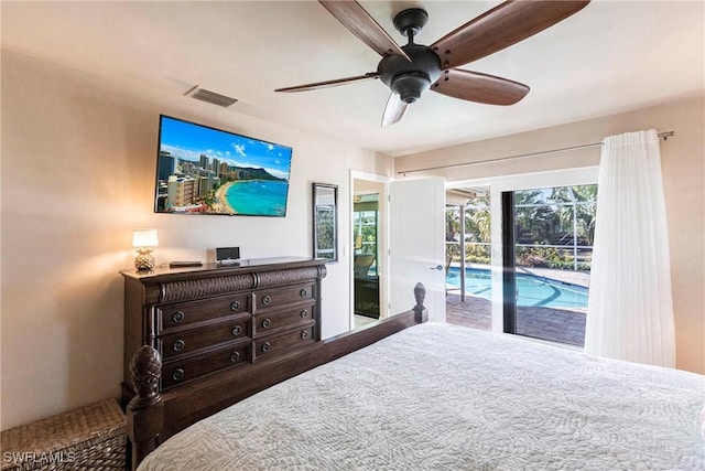 bedroom featuring access to outside and ceiling fan