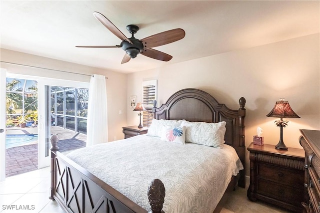 bedroom with light tile patterned floors, access to outside, and ceiling fan