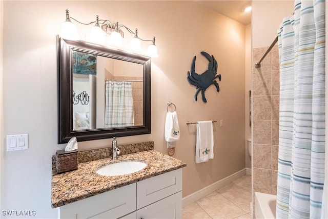 bathroom featuring shower / bath combination with curtain, tile patterned floors, and vanity