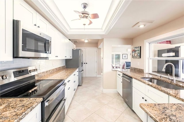 kitchen with a raised ceiling, white cabinetry, sink, ornamental molding, and stainless steel appliances