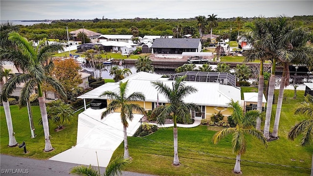 drone / aerial view with a water view