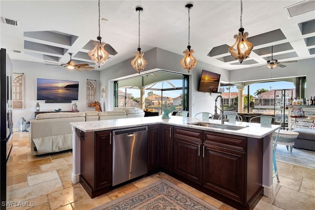 kitchen featuring sink, dark brown cabinets, coffered ceiling, decorative light fixtures, and stainless steel dishwasher