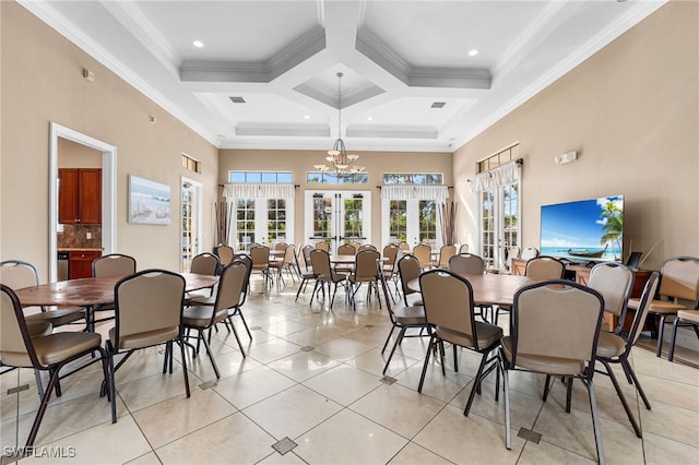 dining area featuring french doors, coffered ceiling, light tile patterned floors, ornamental molding, and a towering ceiling