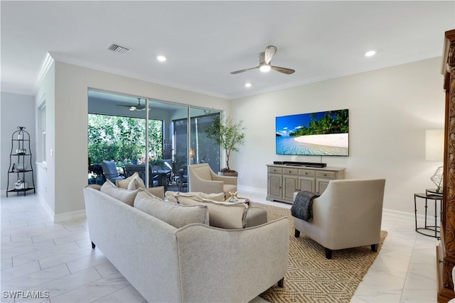 living area with crown molding, recessed lighting, visible vents, a ceiling fan, and baseboards