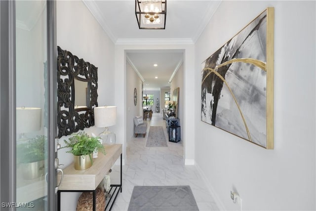 corridor featuring ornamental molding, recessed lighting, marble finish floor, and baseboards