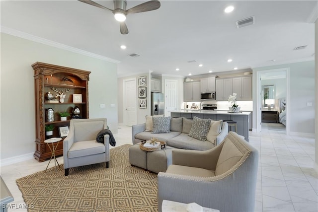 living room with ceiling fan, recessed lighting, visible vents, baseboards, and ornamental molding