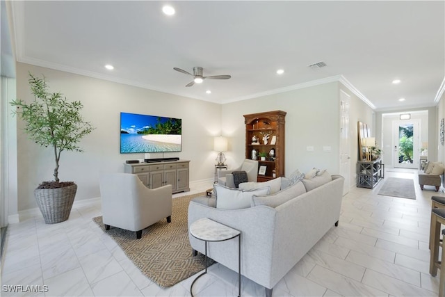 living room featuring a ceiling fan, visible vents, crown molding, and recessed lighting