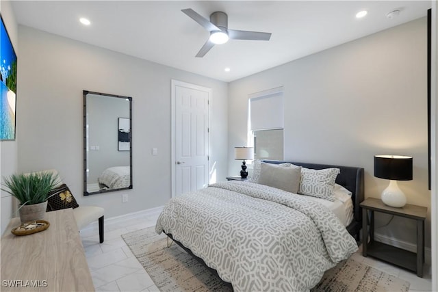 bedroom featuring a ceiling fan, recessed lighting, and baseboards