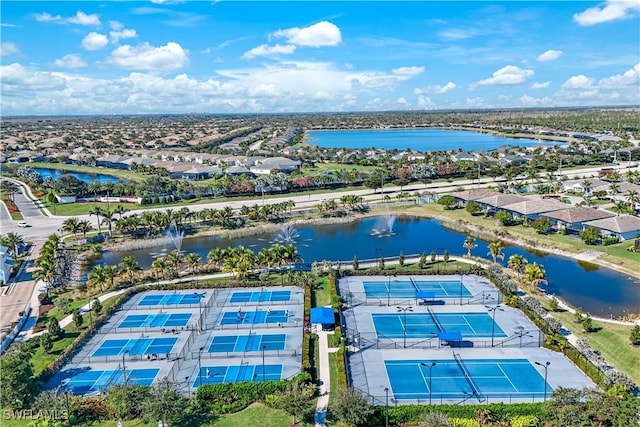 aerial view featuring a water view and a residential view