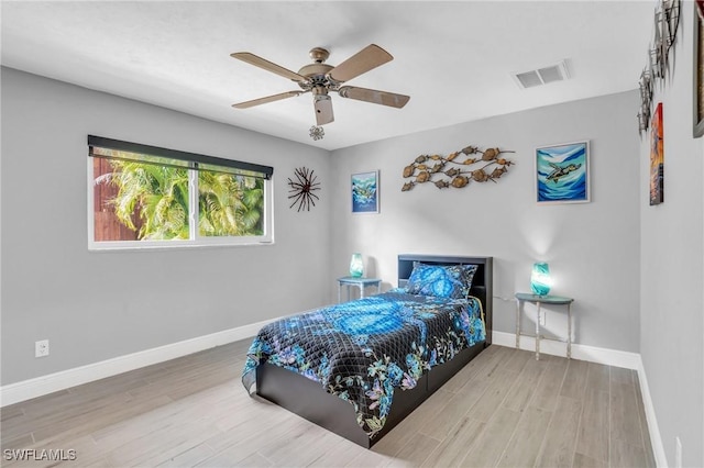 bedroom with ceiling fan and wood-type flooring