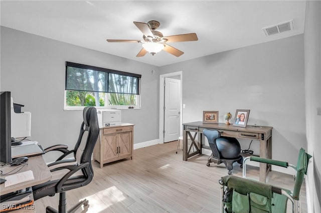 office space featuring ceiling fan and light wood-type flooring