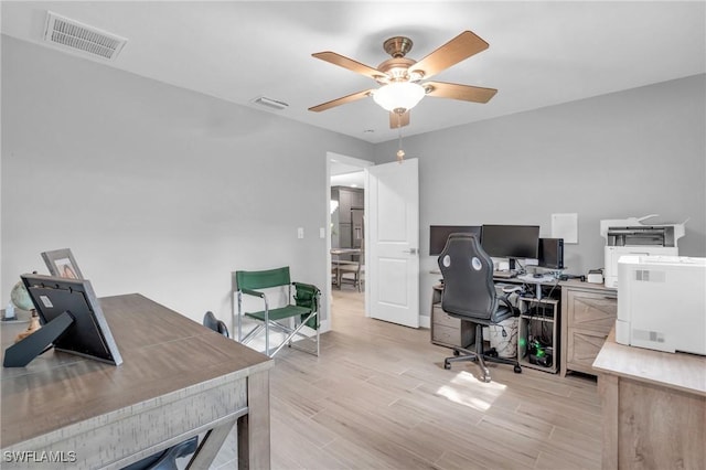 office featuring ceiling fan and light wood-type flooring