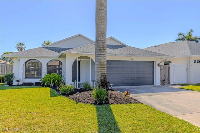 ranch-style house featuring a shingled roof, an attached garage, fence, a front yard, and stucco siding