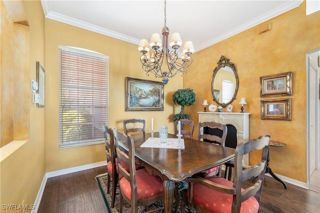 dining room with crown molding, a chandelier, and dark wood-type flooring