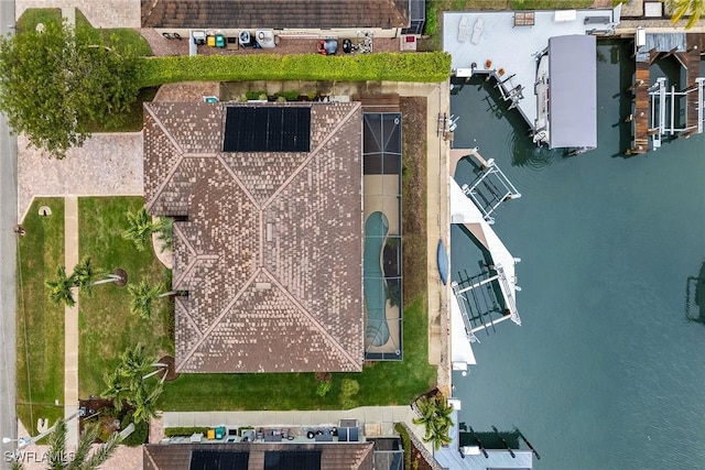 drone / aerial view featuring a water view