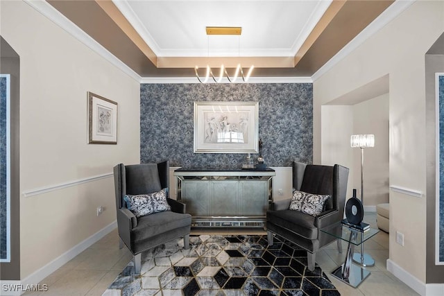 living area featuring crown molding, light tile patterned floors, and a tray ceiling