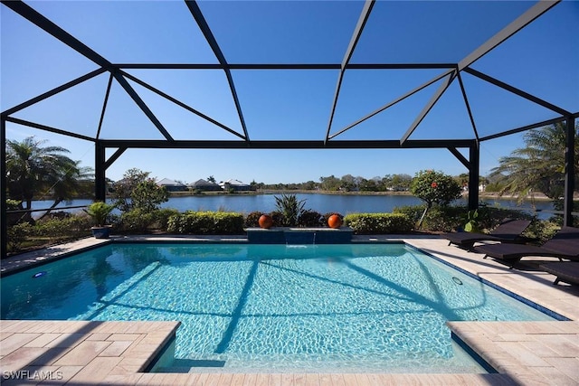 view of pool featuring a lanai, a patio, and a water view