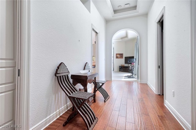 hall featuring hardwood / wood-style flooring and a raised ceiling