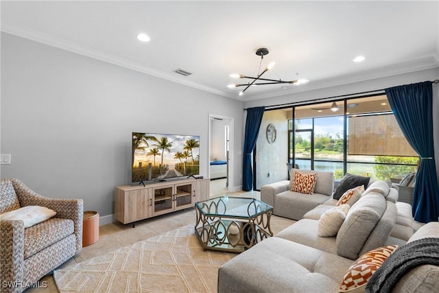 living room featuring ornamental molding, a chandelier, light tile patterned floors, baseboards, and recessed lighting