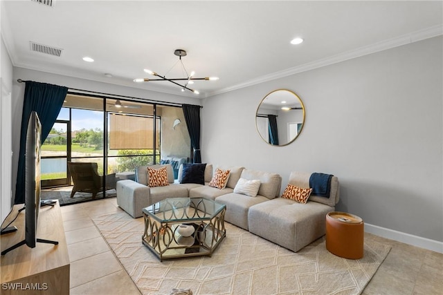 tiled living room with a chandelier, crown molding, recessed lighting, and baseboards