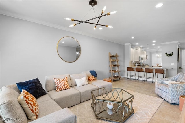 living room featuring ornamental molding, recessed lighting, a chandelier, and light tile patterned floors