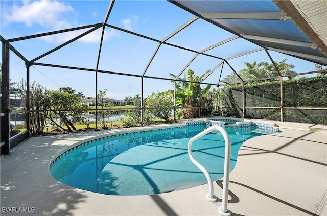 view of swimming pool featuring a patio, a water view, and glass enclosure