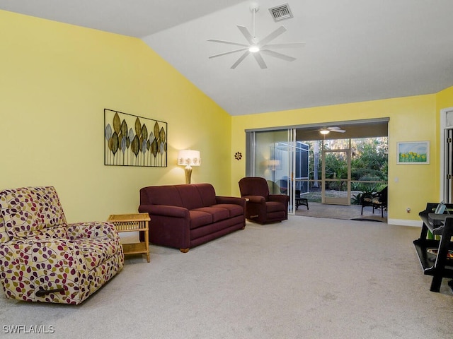 carpeted living room featuring high vaulted ceiling and ceiling fan