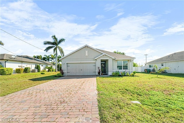 ranch-style house with a garage and a front yard