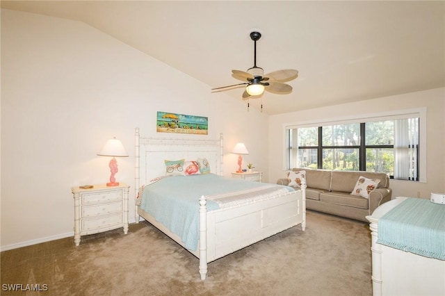 bedroom featuring ceiling fan, lofted ceiling, and carpet floors