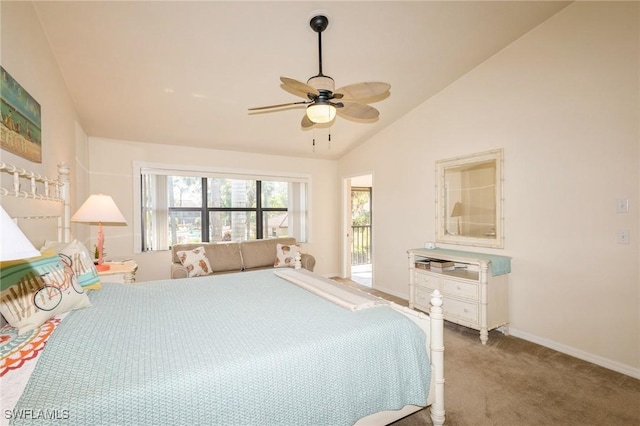 bedroom with carpet, lofted ceiling, and ceiling fan