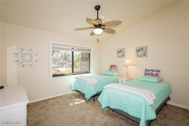 carpeted bedroom featuring lofted ceiling and ceiling fan