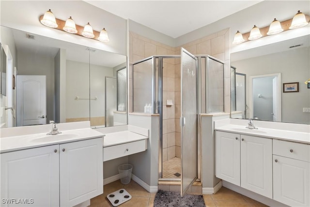 bathroom with vanity, tile patterned floors, and walk in shower