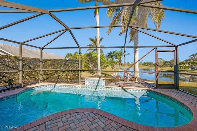 view of swimming pool with a water view and a lanai