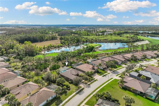 drone / aerial view featuring a water view