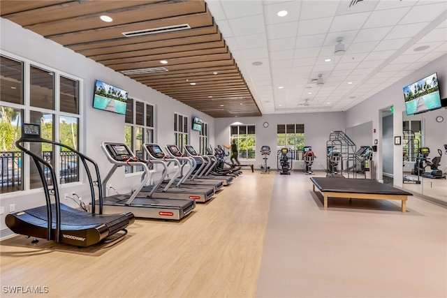 exercise room featuring wood-type flooring and a paneled ceiling