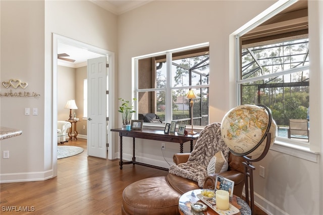 living area featuring crown molding and wood-type flooring