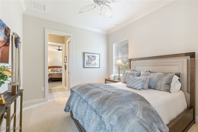 bedroom with crown molding and light carpet