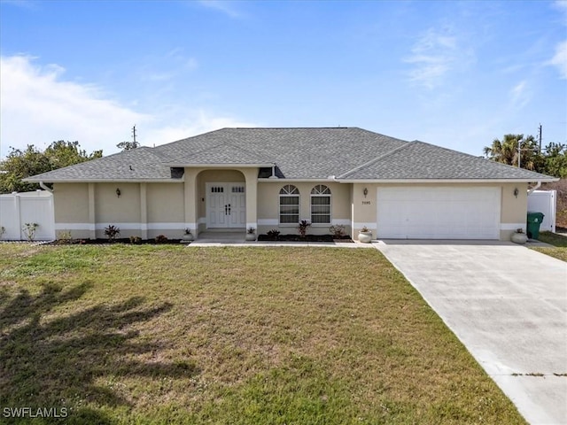 single story home with an attached garage, driveway, roof with shingles, stucco siding, and a front lawn