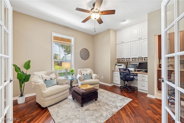 office area with ceiling fan, french doors, dark wood finished floors, and baseboards