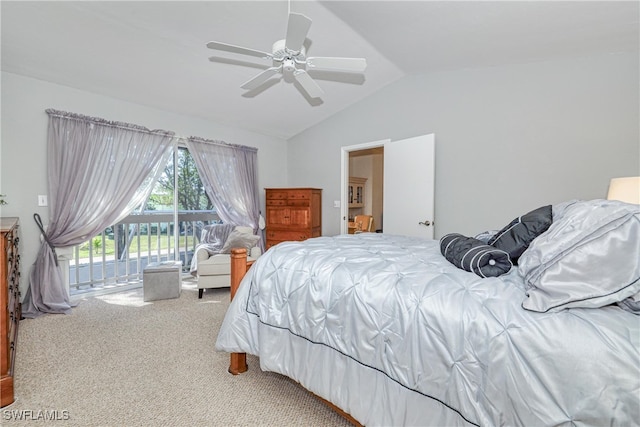 carpeted bedroom with vaulted ceiling, access to outside, and ceiling fan