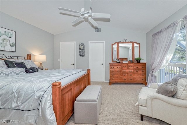 carpeted bedroom with lofted ceiling, access to outside, and ceiling fan