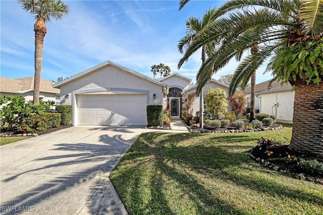 single story home with a garage and a front lawn