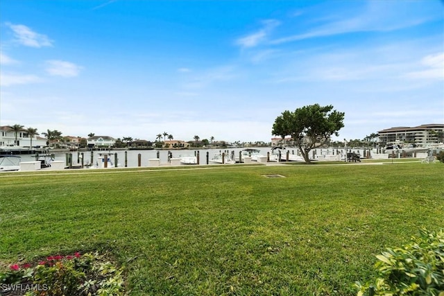 view of property's community featuring a water view and a lawn