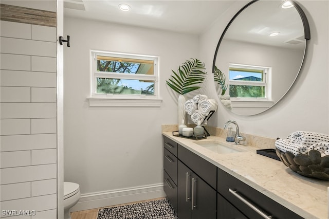 bathroom featuring vanity, a wealth of natural light, and toilet